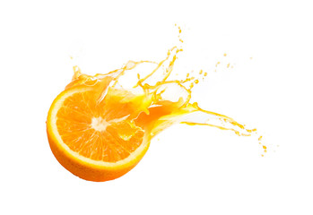 collection of fresh half of ripe orange fruit floation with orange juice splash isolated on white ba