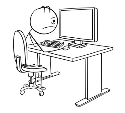 Cartoon stick drawing conceptual illustration of tired, stressed or unhappy man or businessman working on computer.