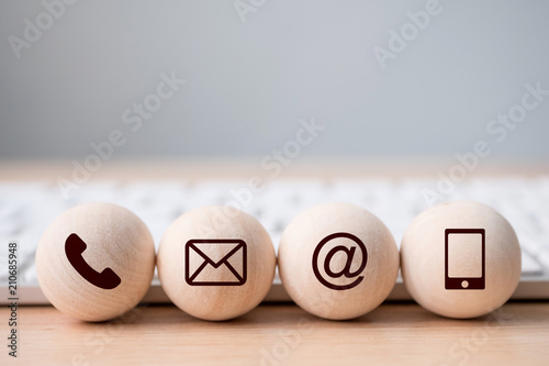 Fotomural Wood sphere symbol telephone, mail, address and mobile phone