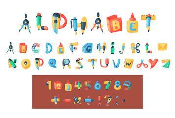 Alphabet stationery letters vector abc font alphabetic icons of office supply and school tools accessories for education pencil or pen alphabetically isolated on background illustration