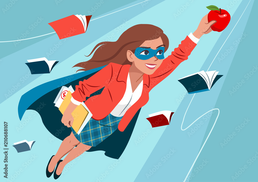 Young woman in cape and mask flying through air in superhero pose, looking confident and happy, holding an apple and folder with papers, open books around. Teacher, student, education learning concept - obrazy, fototapety, plakaty 