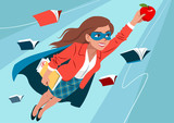 Fototapeta  - Young woman in cape and mask flying through air in superhero pose, looking confident and happy, holding an apple and folder with papers, open books around. Teacher, student, education learning concept