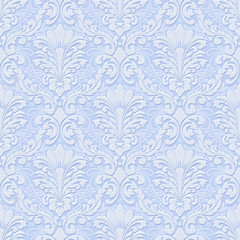  Vector volumetric damask seamless pattern background. Elegant luxury embossed texture for wallpapers, backgrounds and page fill. 3D elements with shadows and highlights.