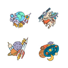 Sticker - Vector hand drawn space elements planet, rocket