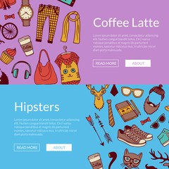 Sticker - Vector hipster doodle icons horizontal banners illustration