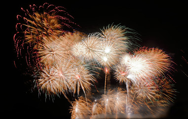 Festive colorful fireworks on night sky background. Celebratory holiday