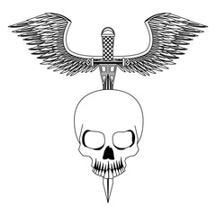 Sticker - Tattoo skull with wings and sword drawing vector illustration graphic design