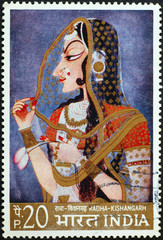 Indian painting of a princess on postage stamp