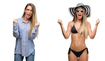 Canvas Print - Young beautiful blonde woman wearing business and bikini outfits celebrating surprised and amazed for success with arms raised and open eyes. Winner concept.