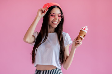 Poster - Young girl on pink background