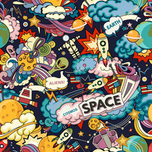 Cosmos Vector Background. Cartoon Seamless Background. Seamless Pattern With Cartoon Space Rockets, Cosmonaut, Planets, Stars.