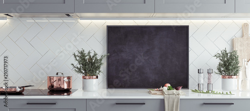 Fotomural Mock up poster frame in kitchen interior, Scandinavian style, panoramic backgrou