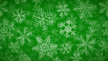 Christmas Background Of Many Layers Of Snowflakes Of Different Shapes, Sizes And Transparency. White On Green.