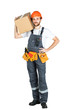 © fusssergei - A man is a builder with a cardboard box in his hands. Isolated over white background.