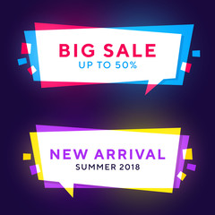 Aufkleber - Set of trendy neon glowing geometric vector banners. Vivid transparent banners in bright and funny party style. Neon colors on dark background. Red, blue, purple and yellow