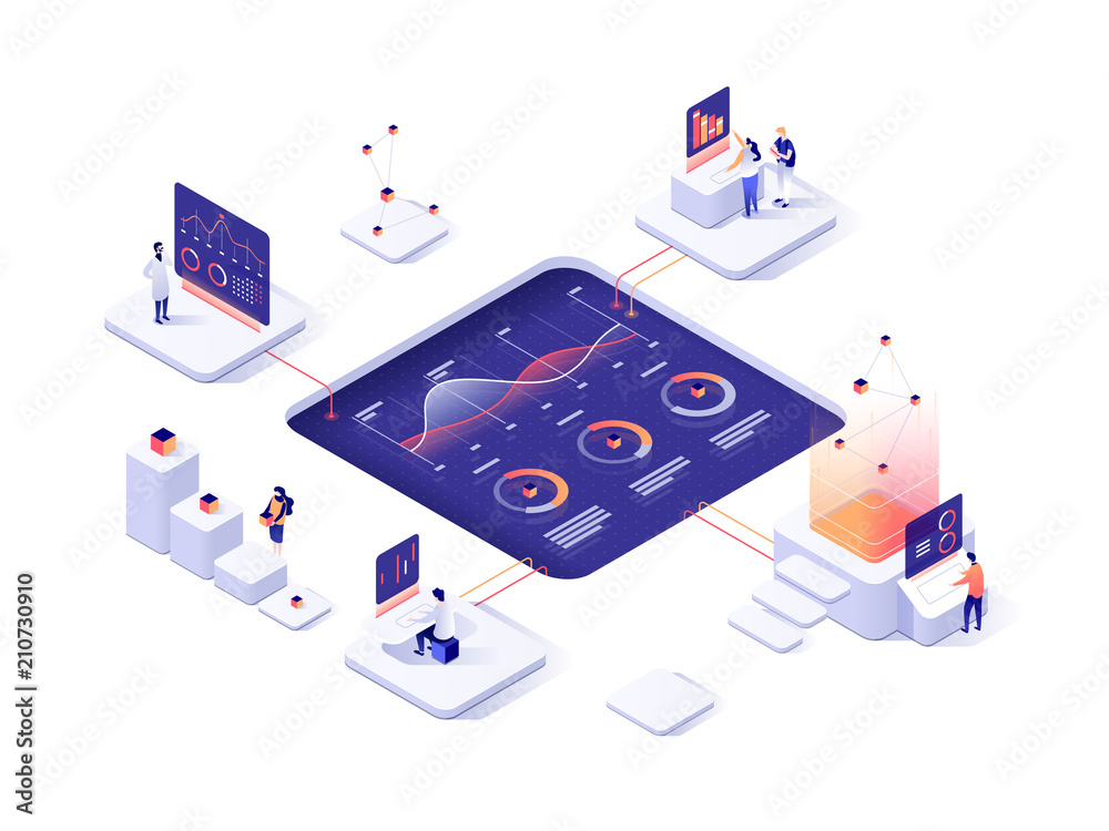 People interacting with charts and analysing statistics. Data visualisation concept. 3d isometric illustration. - obrazy, fototapety, plakaty 