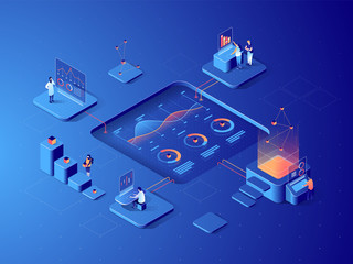Fototapete - People interacting with charts and analysing statistics. Data visualisation concept. 3d isometric illustration.