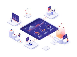 Fototapete - People interacting with charts and analysing statistics. Data visualisation concept. 3d isometric illustration.