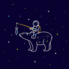 Wall Mural - funny cartoon astronaut sits on the constellation of a great bear in space with stars around