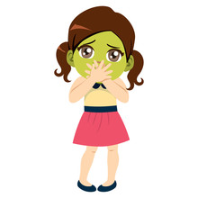 Cute Little Girl Sick With Nausea Having Green Face Expression Feeling Ill