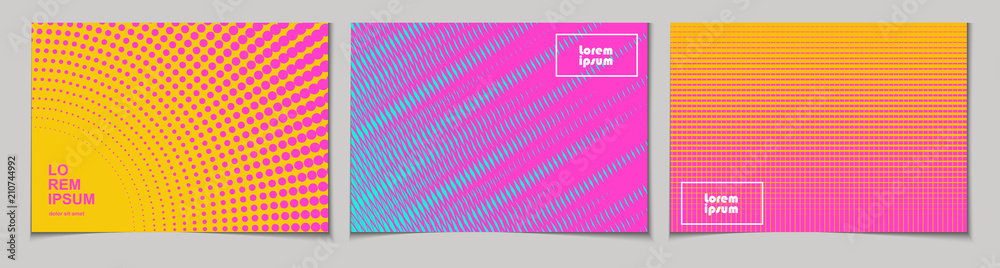 Set of horizontal abstract backgrounds with halftone pattern in neon colors. Collection of gradient textures with geometric ornament. Design template of flyer, banner, cover, poster. Vector  - obrazy, fototapety, plakaty 