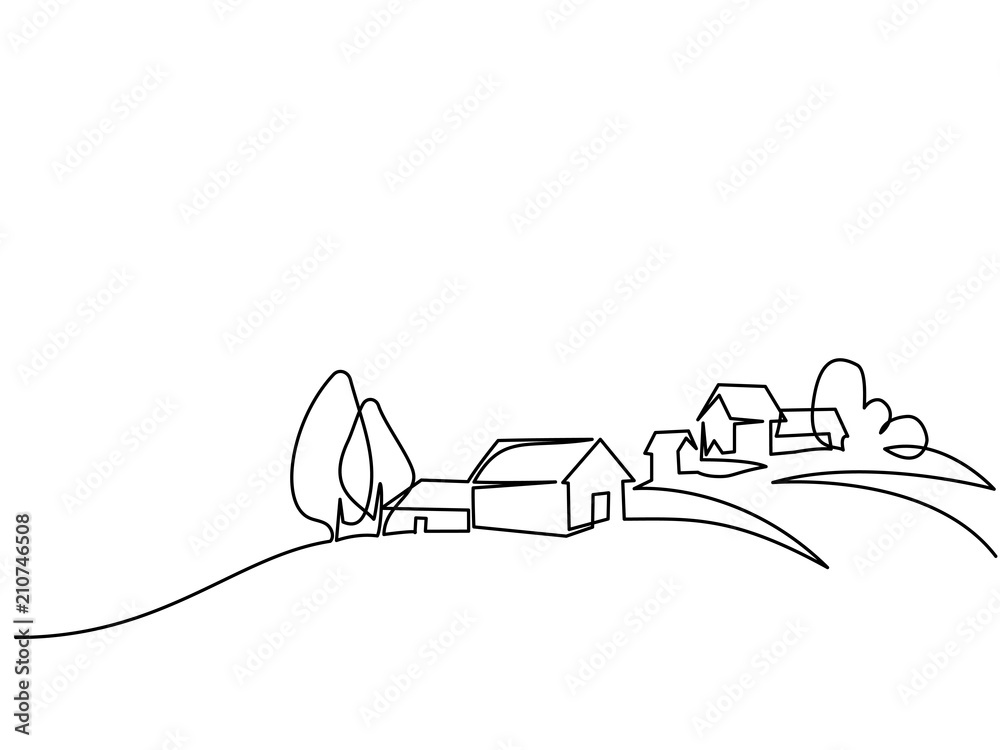 Continuous line drawing. Landscape with village on hill. Vector illustration. Concept for logo, card, banner, poster, flyer - obrazy, fototapety, plakaty 