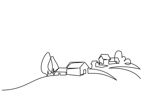 continuous line drawing. landscape with village on hill. vector illustration. concept for logo, card