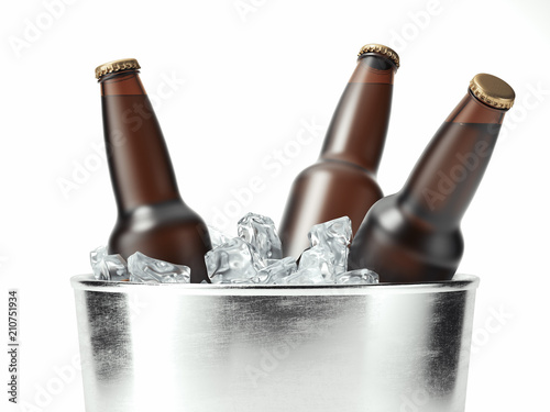 Cuadros en Lienzo Isolated glass beer bottles in metal tare, 3d rendering