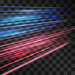 Wall Mural - Laser blue and red glow vector speed flash. Motion effect light road flow on transparent background. Light energy stream for modern hi-tech design. Power neon flow of moving particles trace.