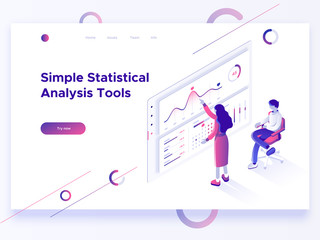 Fototapete - People interacting with charts and analysing statistics. Data visualisation concept. 3d isometric illustration.
