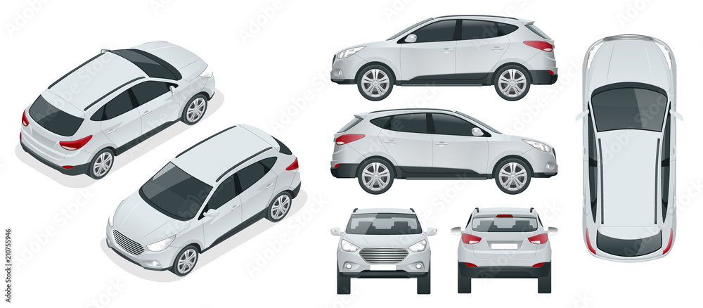 Car vector template on white background. Compact crossover, CUV, 5-door station wagon car. Template vector isolated. View isometric, front, rear, side, top. - obrazy, fototapety, plakaty 