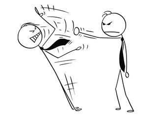 Wall Mural - Cartoon stick drawing conceptual illustration of frustrated businessman ending another man's speech by punching him. Concept of frustration.