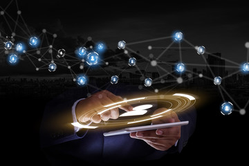 Poster - Businessman touching network  data  people international networking communication customer