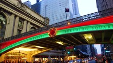 New York-December 28, 2017: Video Of Pershing Square Bridge In Front Of Grand Central On 42nd Street Both Decorated For Christmas