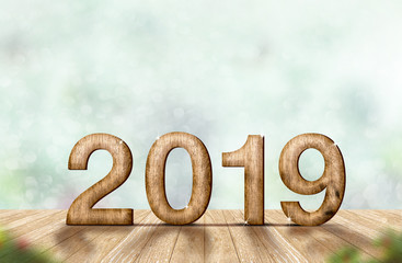 Aufkleber - New year 2019 wood number (3d rendering) on wooden plank table at blur abstract green bokeh background,Mock up banner space for display or montage of product,holiday celebration greeting card.