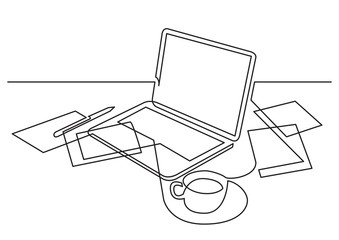 Poster - continuous line drawing of laptop computer papers and cup of tea