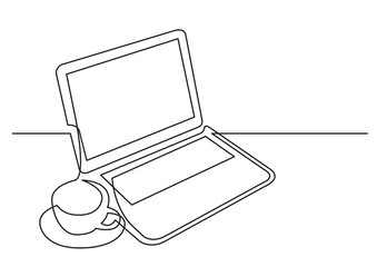 Poster - continuous line drawing of laptop computer cup of tea