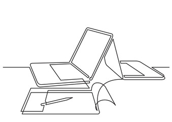 Wall Mural - continuous line drawing of two laptop computers and notepad