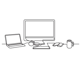 continuous line drawing of desktop computer laptop and mug