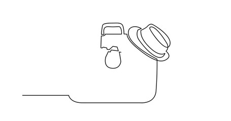 Wall Mural - Self drawing animation of continuous line drawing of travel suitcase hat and photo camera