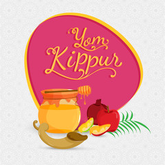 Sticker - Yom Kippur banner or poster design, apple slices, pomegranate, dripper with honey jar, shofar horn, leaves on background.