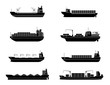 Set of commercial cargo ships. Sea transportation vehicle. Transport boat.