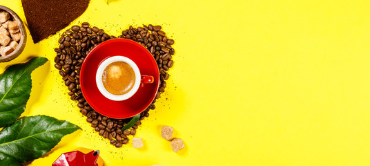 Wall Mural - Coffee composition on yellow background