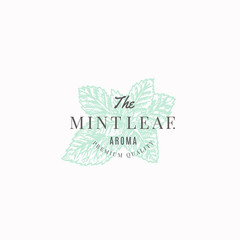 Wall Mural - the mint leaf abstract vector sign, symbol or logo template. mint branch sillhouette with retro typo