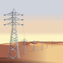 High voltage power line. Desert, Mongolia. Vector illustration. Realistic style.