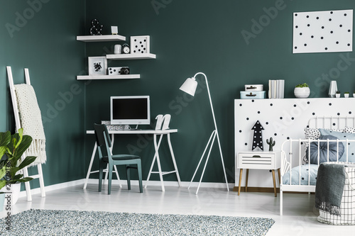 Dark Green Teenager Room Interior With A Desk Chair Computer Dark Green Teenager Room Interior With