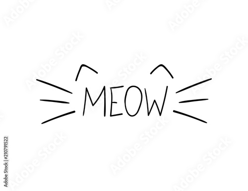 Fotomural Vector Doodle Meow Illustration, Cat Whiskers Hand Drawn Illustration