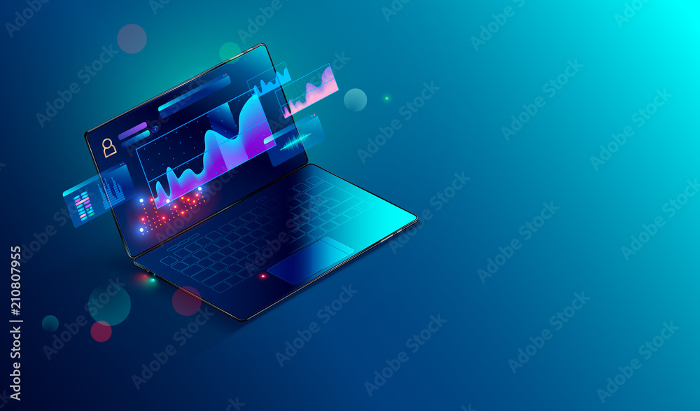 Financial analytic and business infographic elements on screen laptop. Finance graphs, analysis data and charts investment and trade. 3d isometric Vector. Business Concept. - obrazy, fototapety, plakaty 