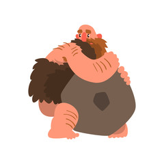 Sticker - Primitive muscular caveman with stone, prehistoric man character cartoon vector Illustration on a white background