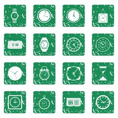 Poster - Time and Clock icons set in grunge style green isolated vector illustration